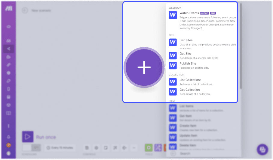 interface make integromat focus sur l'ajout d'un module webflow