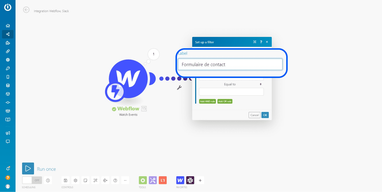 Espace pour renommer le filtre depuis l'espace de travail Integromat