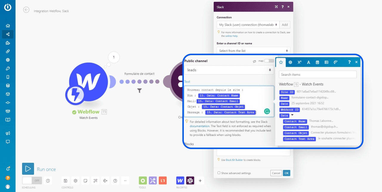 Ajout des différentes balises webflow dans le module slack sur l'espace de travail Integromat.