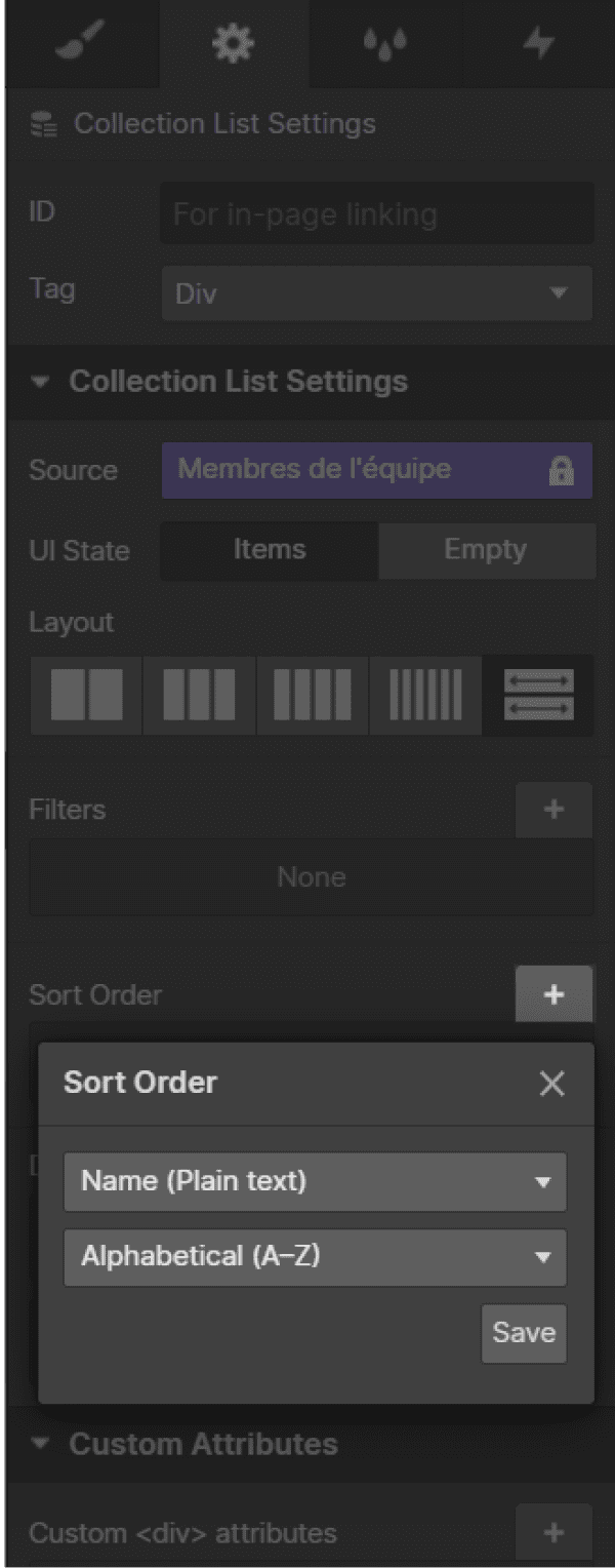 Ajout d'un ordre de tri pour une liste de collection dans Webflow