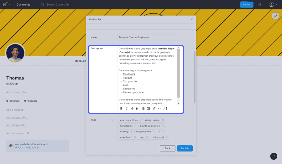 parametrage de partage de projet figma avec focus sur l'ajout d'une description