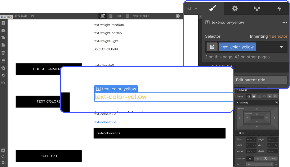 Exemple, style guide Webflow avec une classe nommée : text-color-yellow