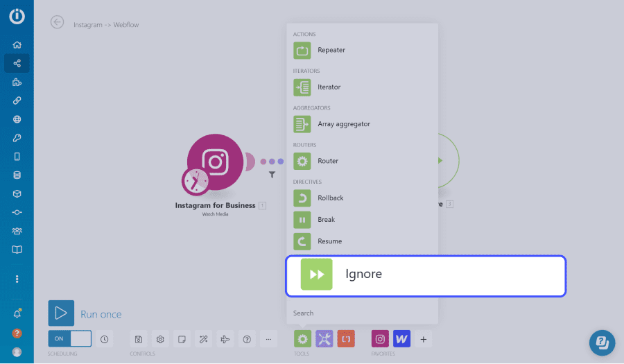 outils integromat avec module ignore entouré en bleu