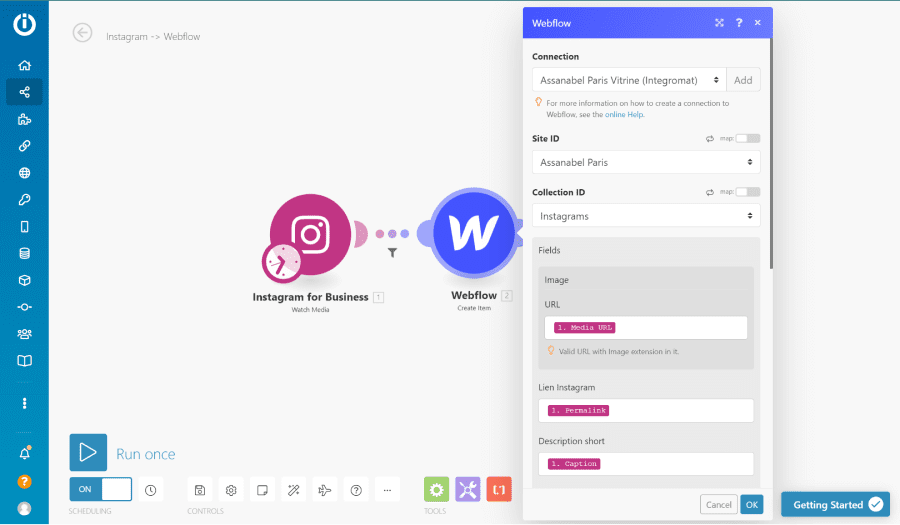 paramètre du module webflow dans integromat