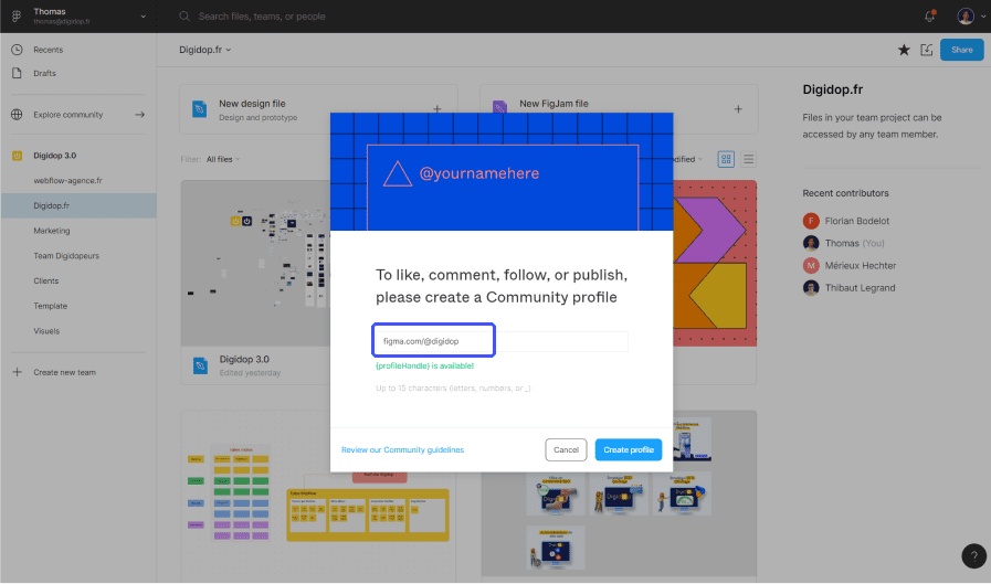 espace figma pour ajouter un nom à son compte de communauté figma