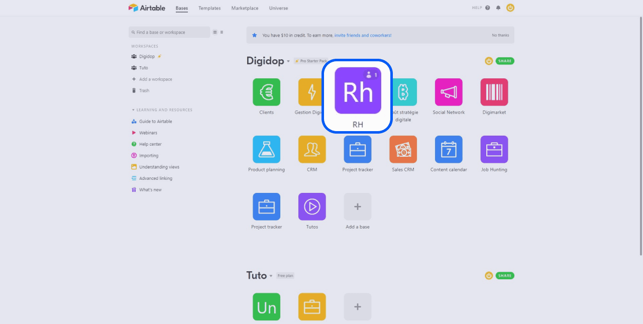 Espace de travail Airtable avec focus sur le module RH