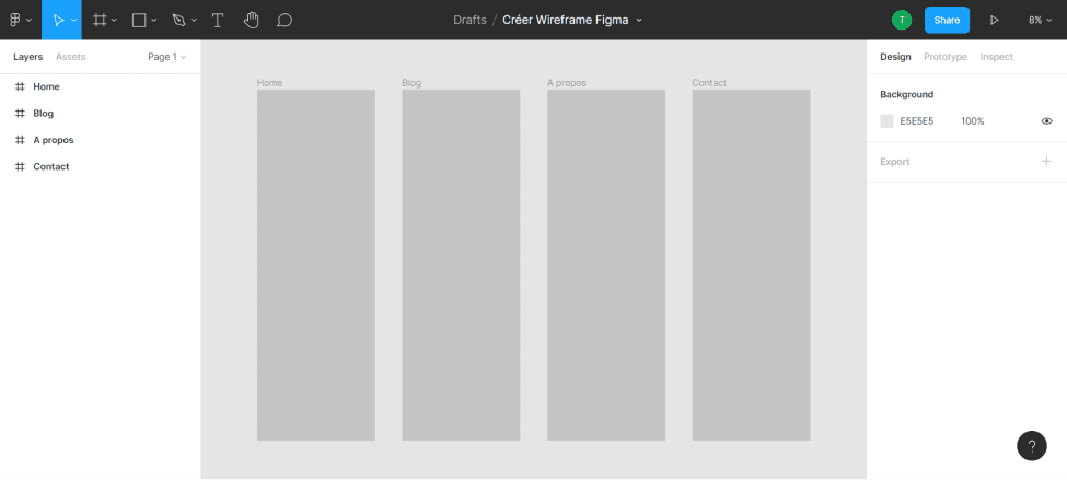 Création d'un wireframe de 4 pages web sur figma