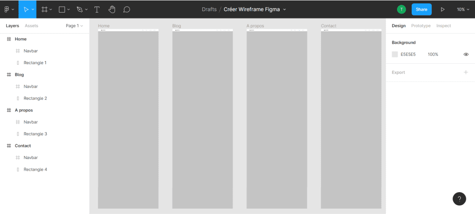 Pages avec navbar pour wireframe d'un site web sur figma