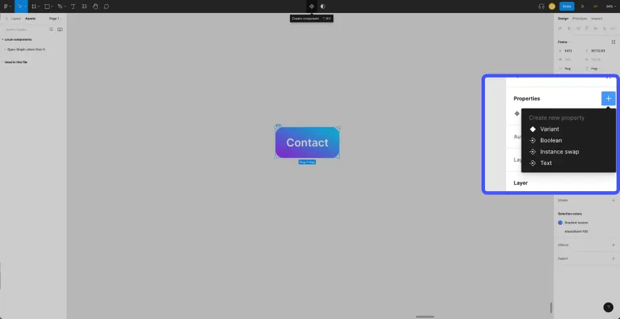 interface figma avec fonctionnalité de création de variant de composant et ajout de propriété mis en avant et entouré en bleu