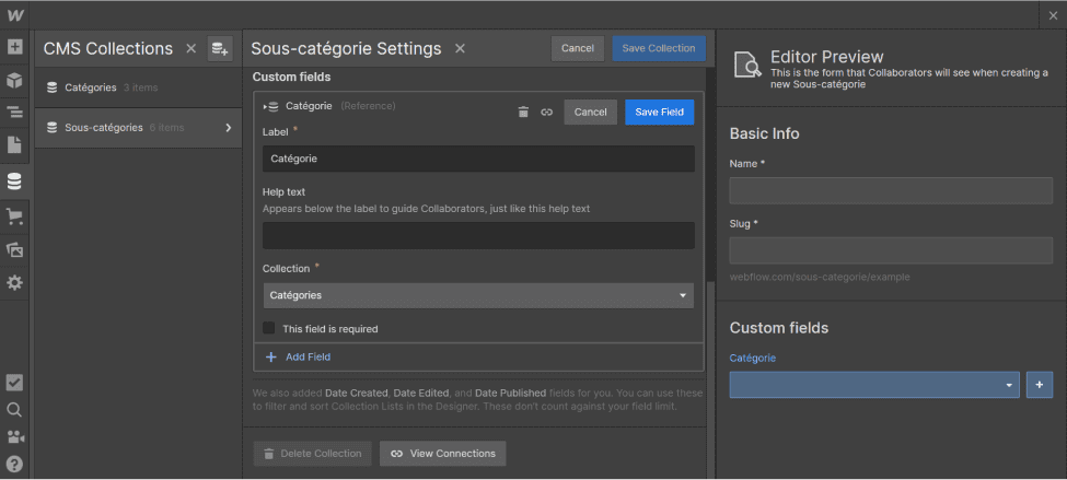 Création des collections catégories et sous-catégories depuis le CMS de Webflow