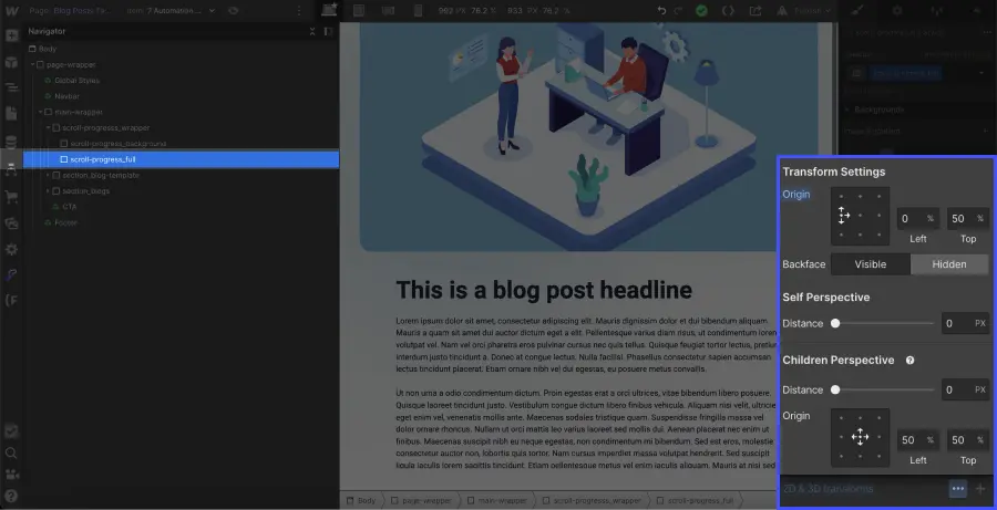 Panneau des paramètres transform origin sur Webflow