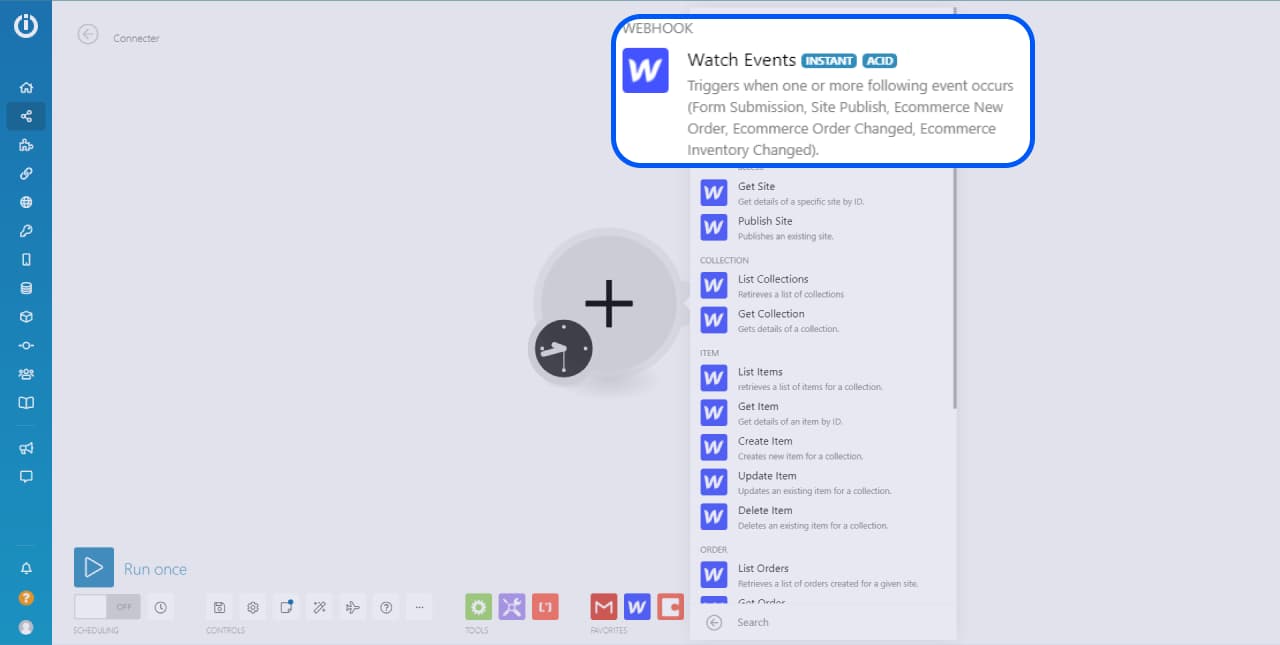 Interface Integromat avec un focus sur le webhook "watch events" de Webflow