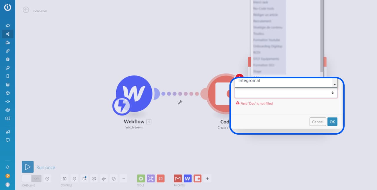 Bouton de sélection de fichier Coda dans le module Integromat