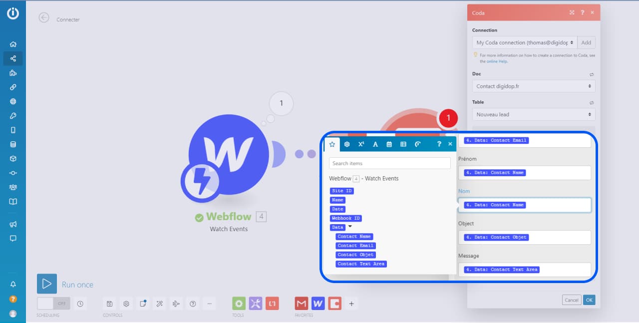 Champ d'insertion des données issues de Webflow dans le module Coda d'Integromat