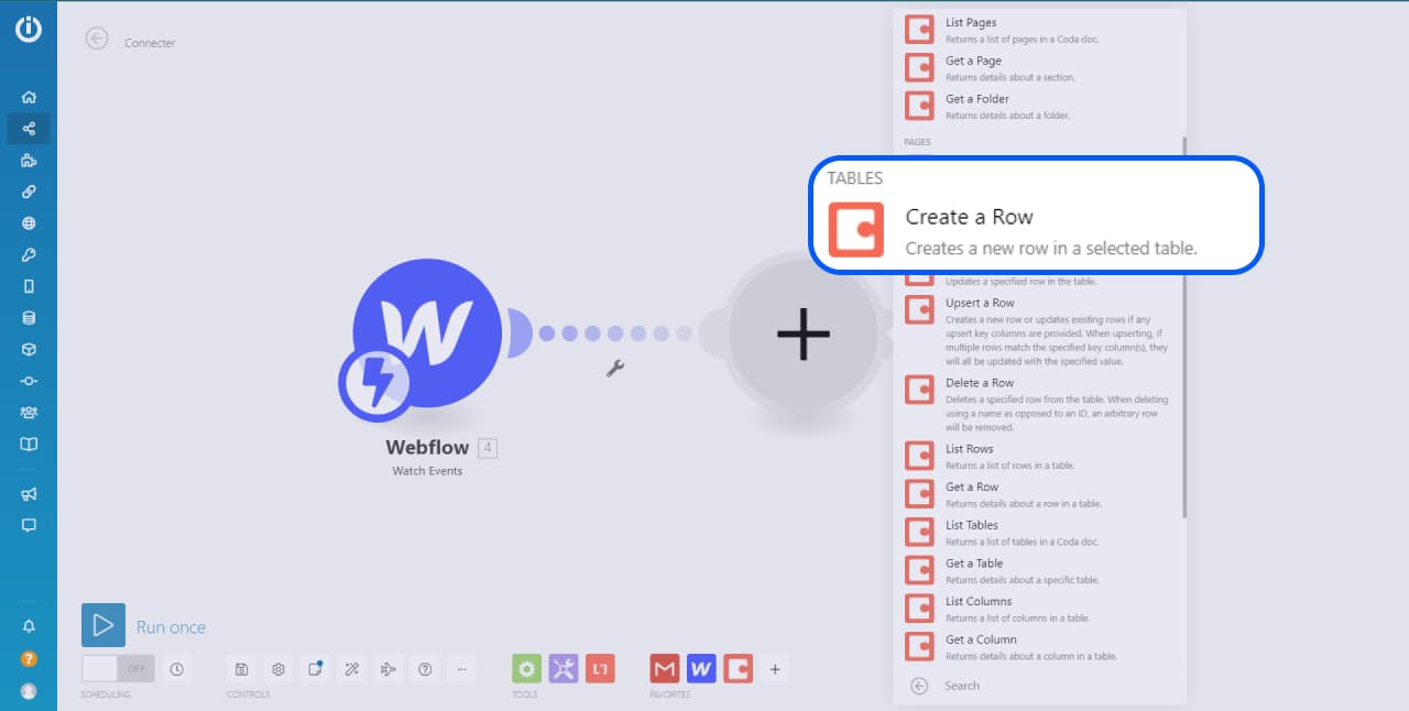 Interface Integromat avec focus sur le module coda.io