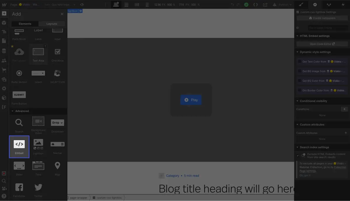 Ajout d'un élément Embed Code sur Webflow