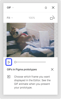 paramètre gif figma avec un gif de chien et bouton play entouré en bleu