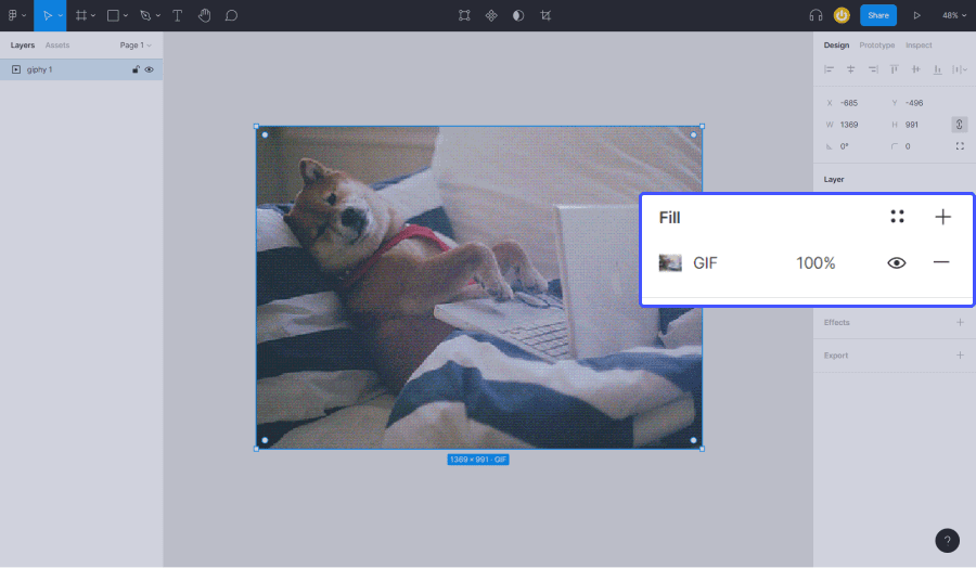 éditeur figma avec la section fill entourée en bleu pour mettre en avant un gif