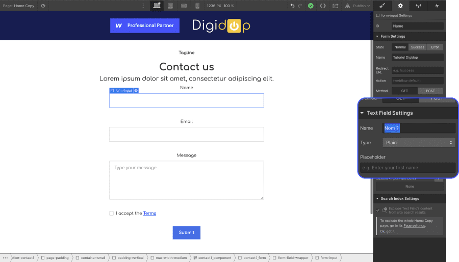 Modification d'un champ nom dans formulaire Webflow