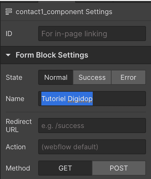 Modification du nom d'un formulaire Webflow pour : Tutoriel Digidop