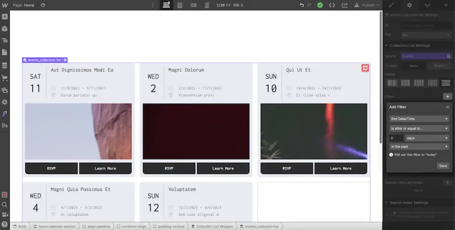 filtre par date webflow