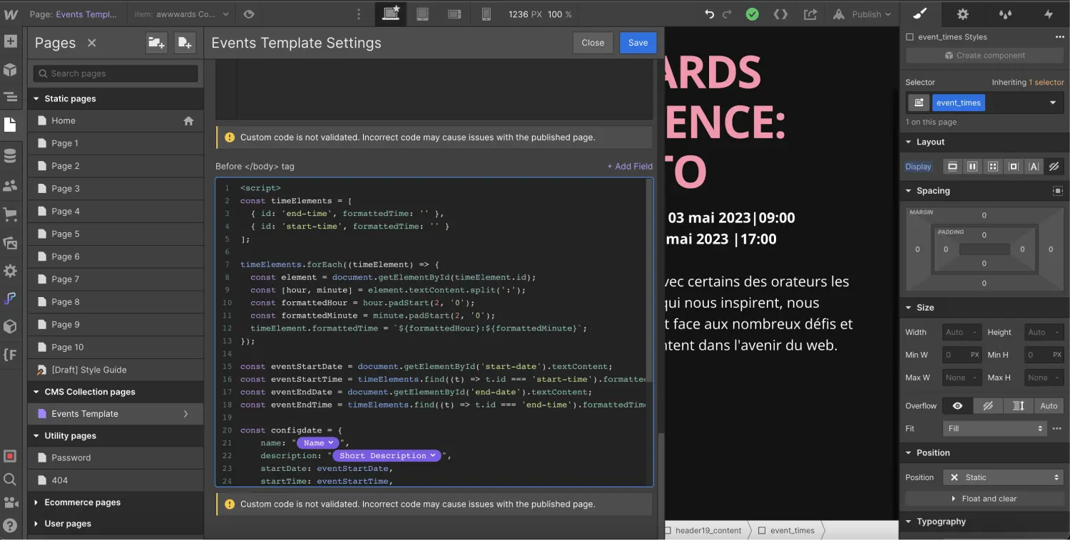 script de la configuration du bouton d'ajout au calendrier sur des pages dynamiques avec des champs dates