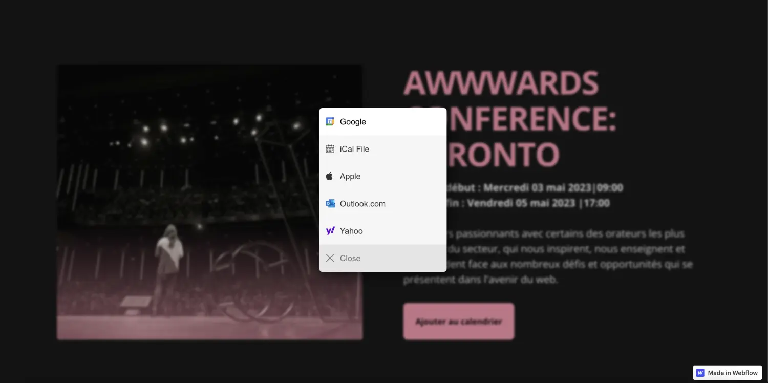 Bouton d'ajout au calendrier sur site webflow