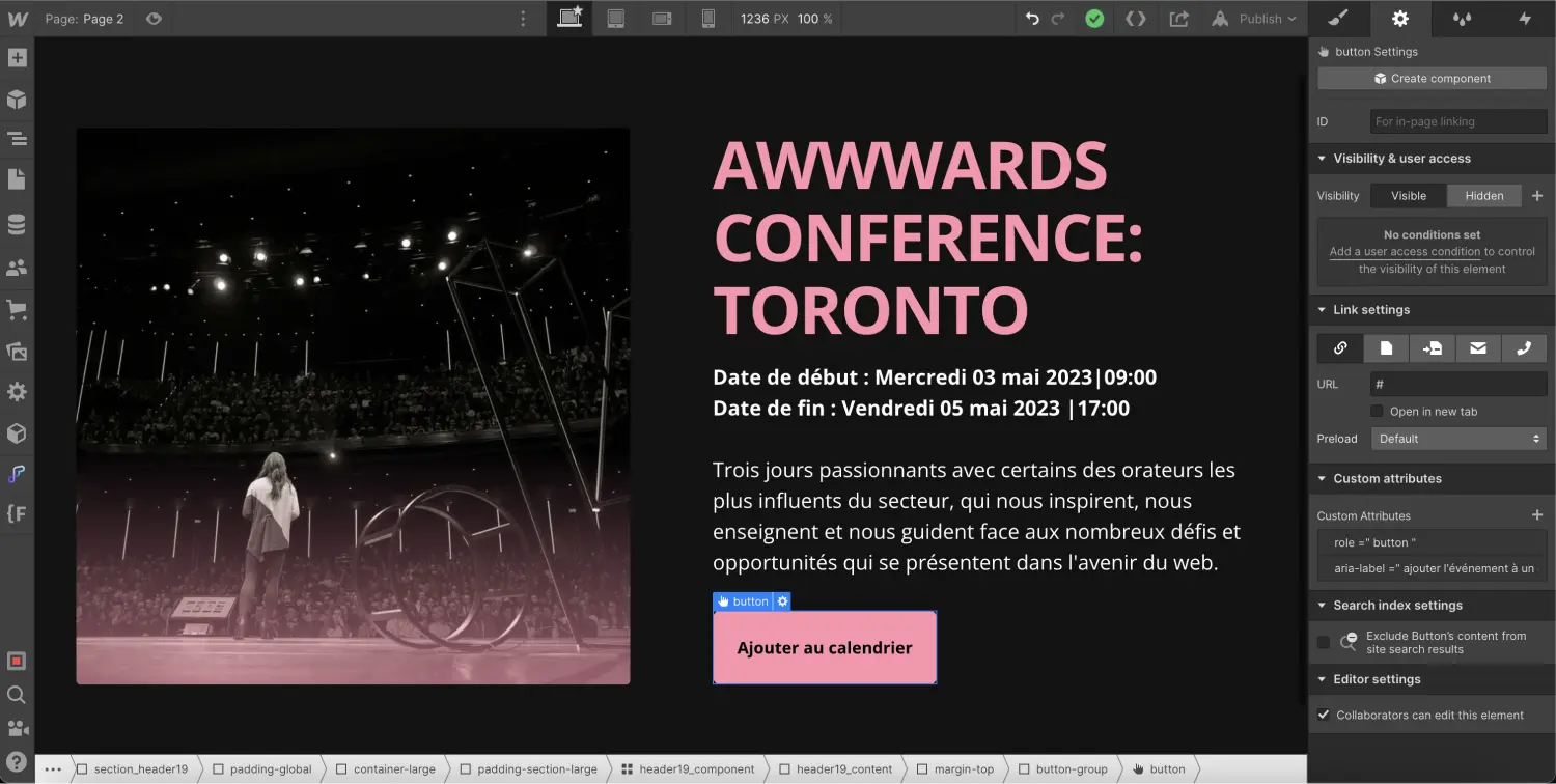 bouton add to calendar dans webflow