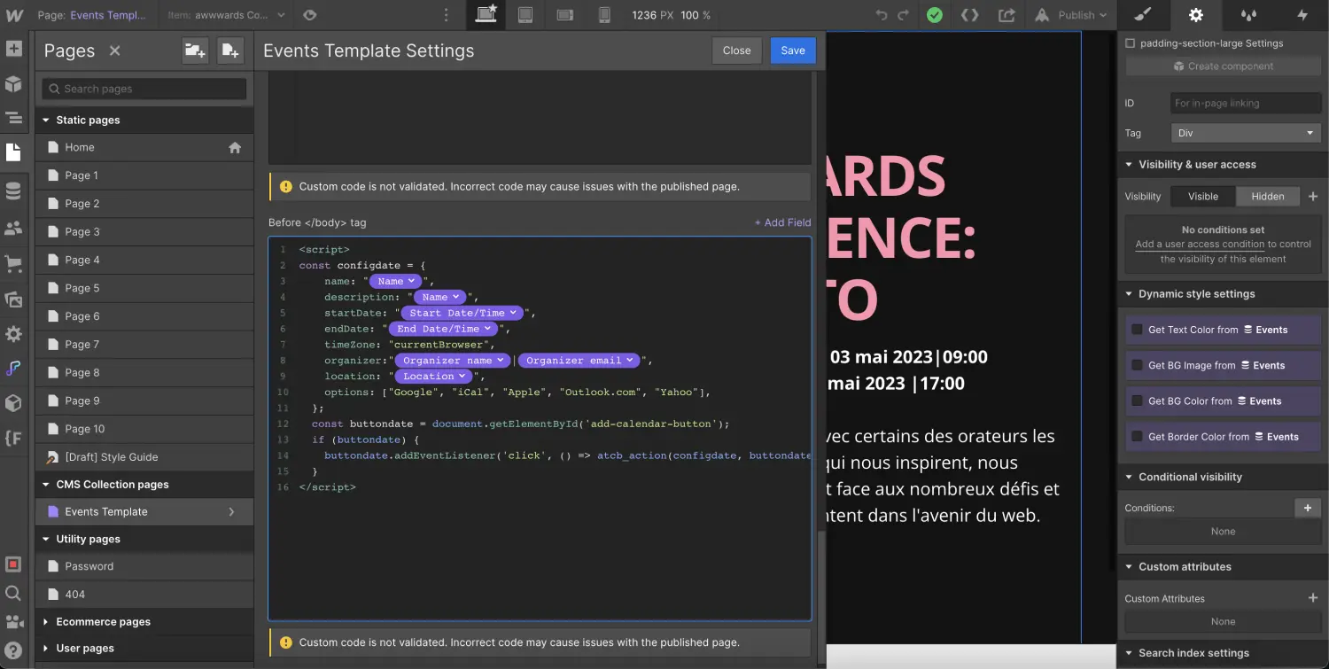 script add to calendar bouton dynamique CMS Webflow