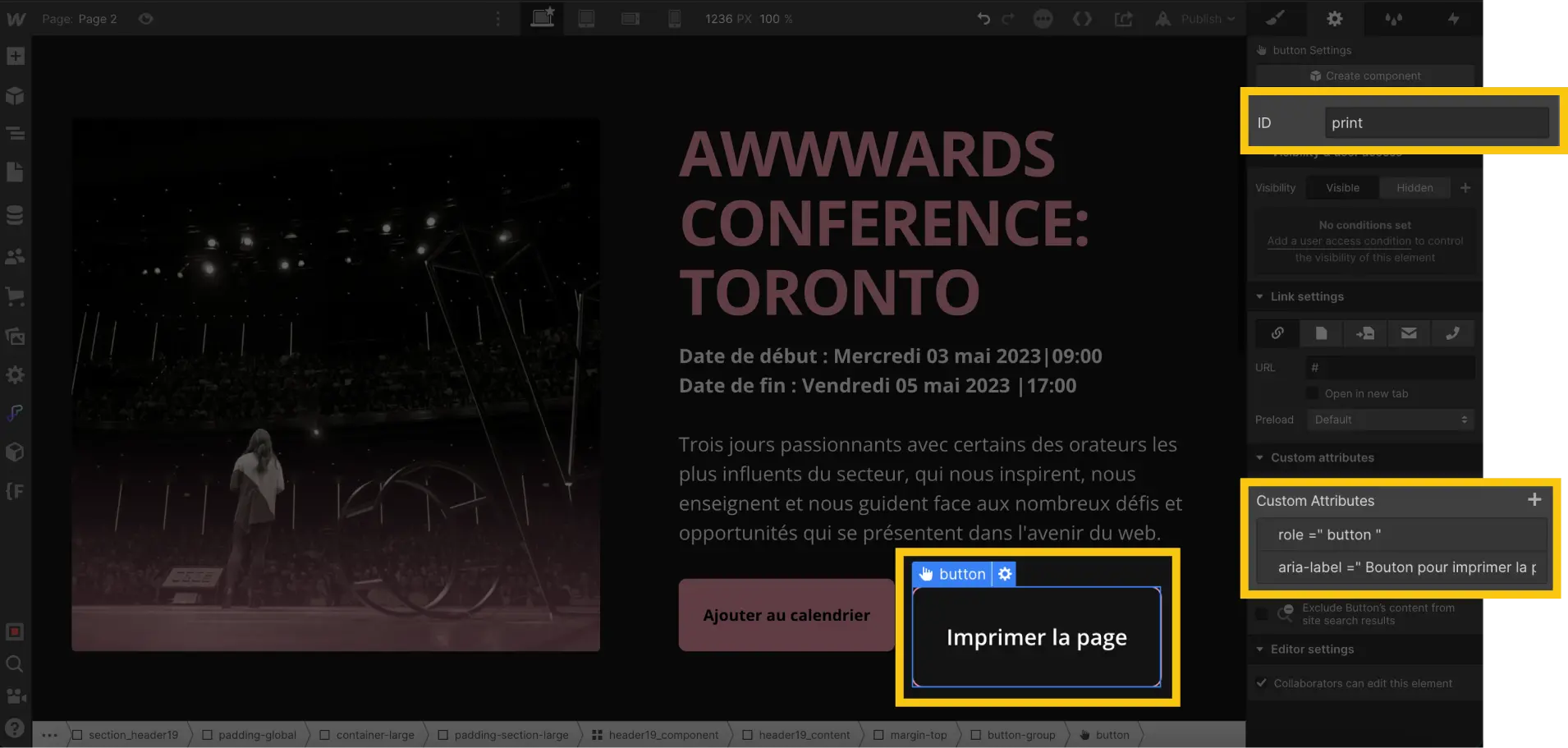 paramètres bouton print webflow