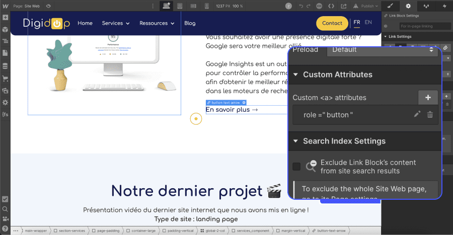 Attribut Aria role=button dans webflow sur un lien 