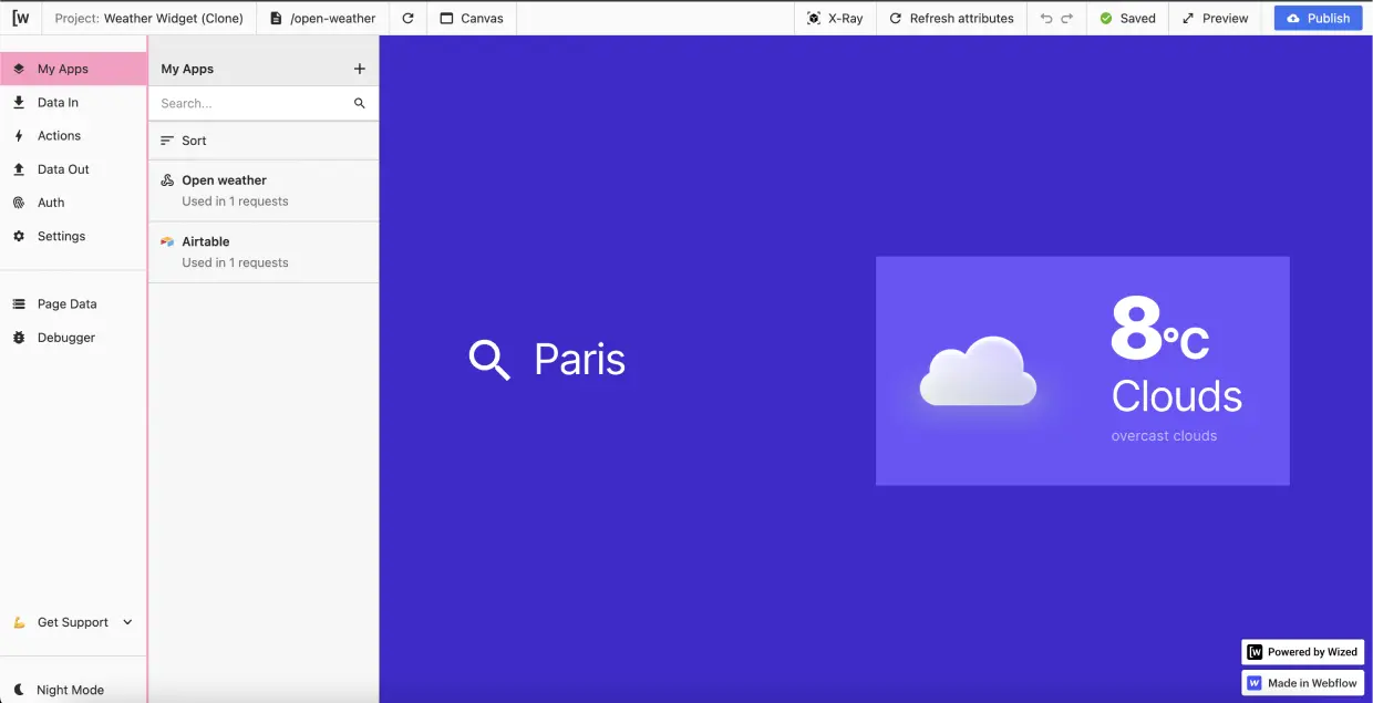 Interface de Wized avec une Web App de météo présentant la météo en direct de la ville de Paris