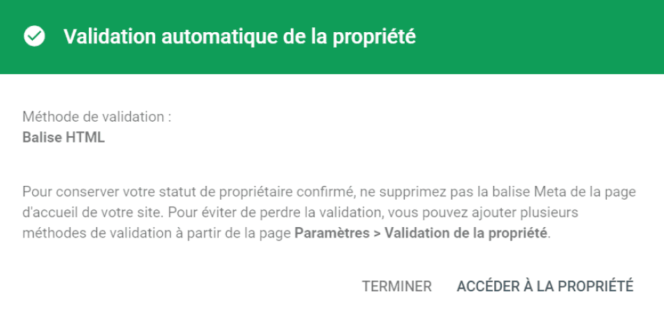 Message d'attestation de réussite de validation de la propriété dans Google Search Console