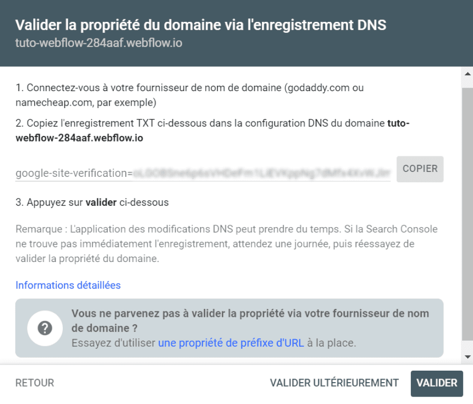 Récupération de l'enregistrement TXT pour une validation de propriété par domaine dans Google Search Console