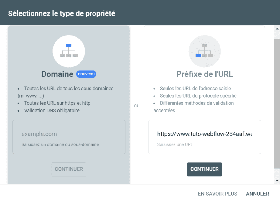 Insertion d'une URL pour validation de propriété par préfixe URL dans Google Search Console