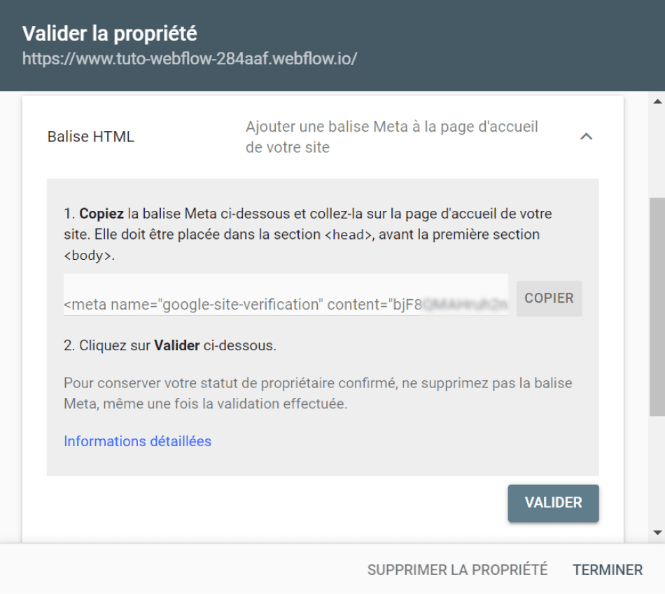 Récupération de la balise Meta pour une validation de propriété par URL Google Search Console