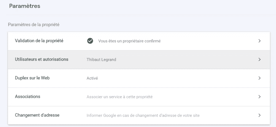 Paramètres de propriété Google Search Console