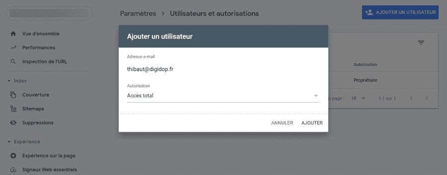 Ajouter un utilisateur dans Google Search Console
