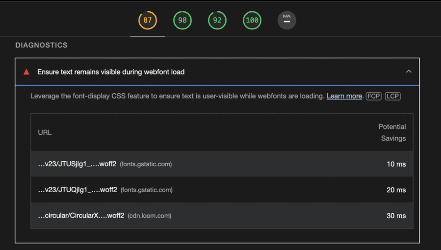 "Ensure text remains visible during webfont load" error in a lighthouse audit