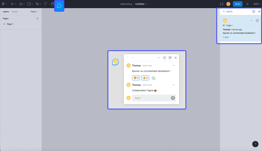 interface designer figma avec focus sur les commentaires