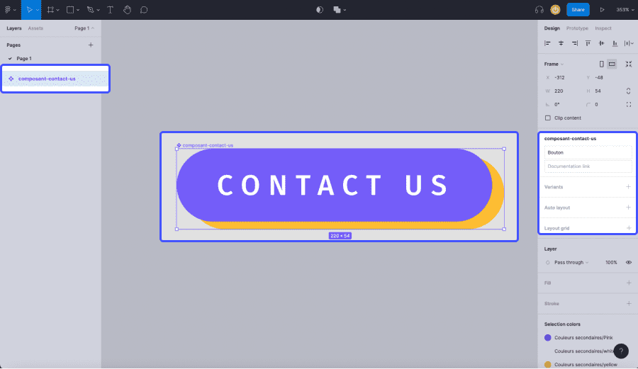 Aperçu d'un composant avec bouton "contact us" dans Figma