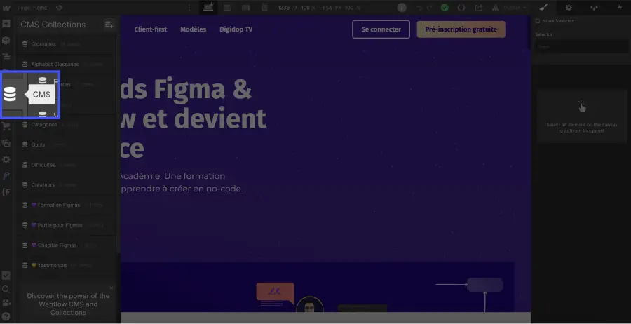 Bouton CMS sur le designer de Webflow