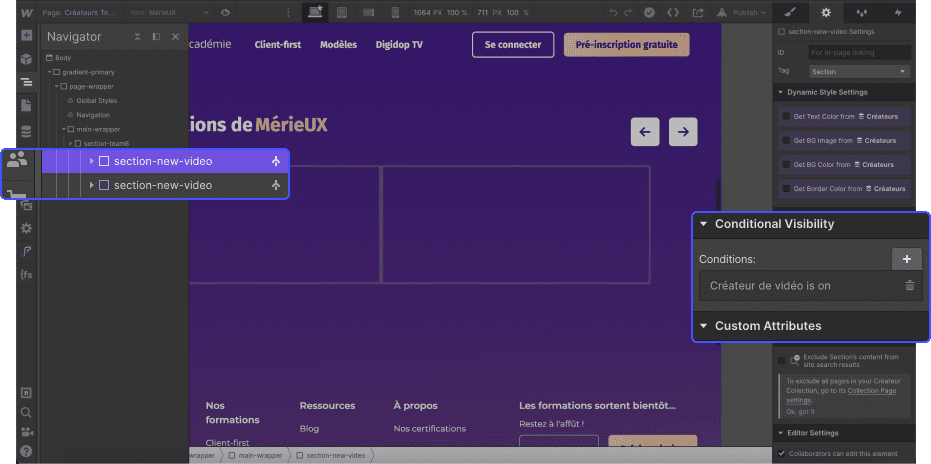 Page CMS templates Webflow avec Conditional Visibility activée