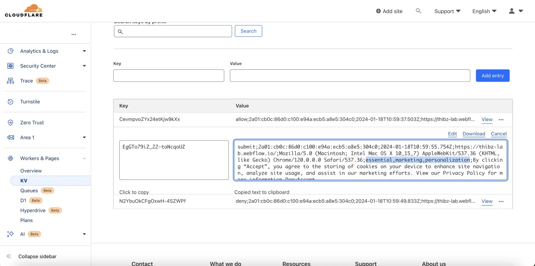 Informations d'une valeur d'une clé d'un KV dans Cloudflare à propos d'un consentement de cookies qui a été modifié