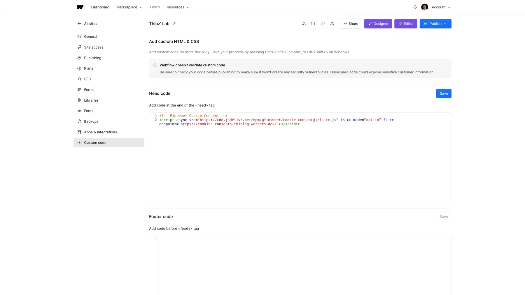 Finsweet Cookie Consent Script dans Webflow avec endpoint URL Cloudflare