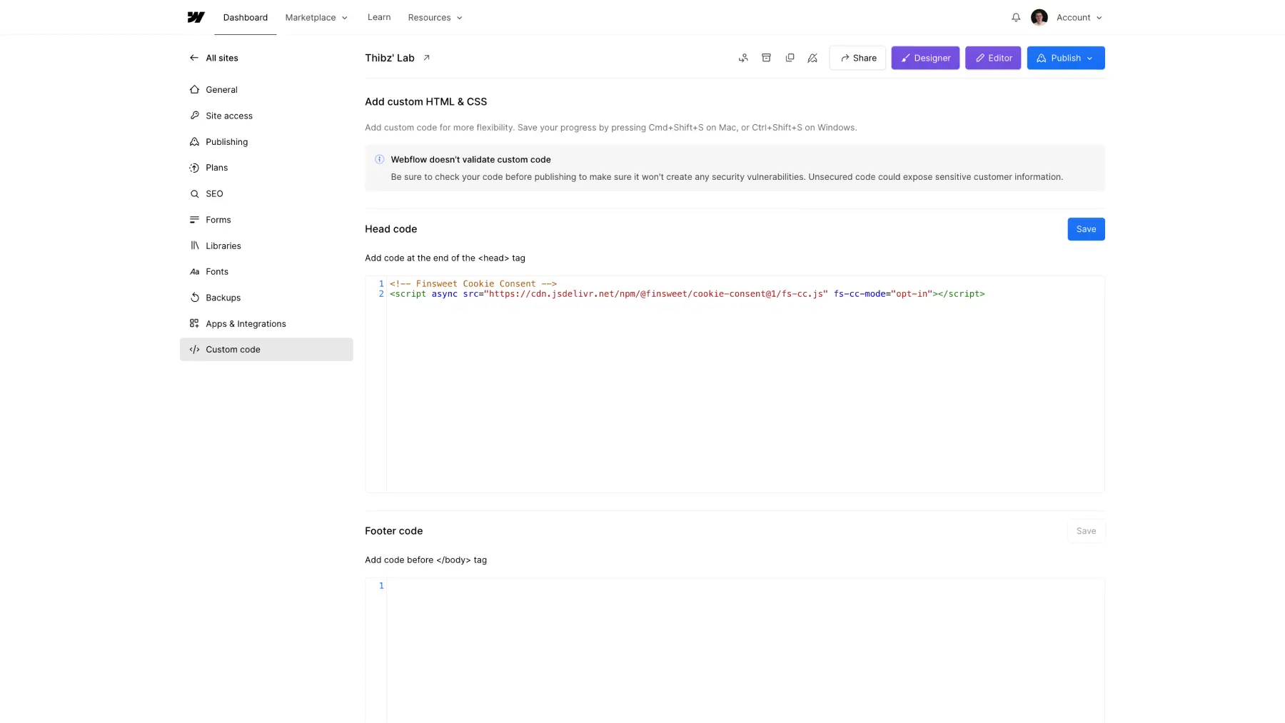 Finsweet Cookie Consent Script dans Webflow