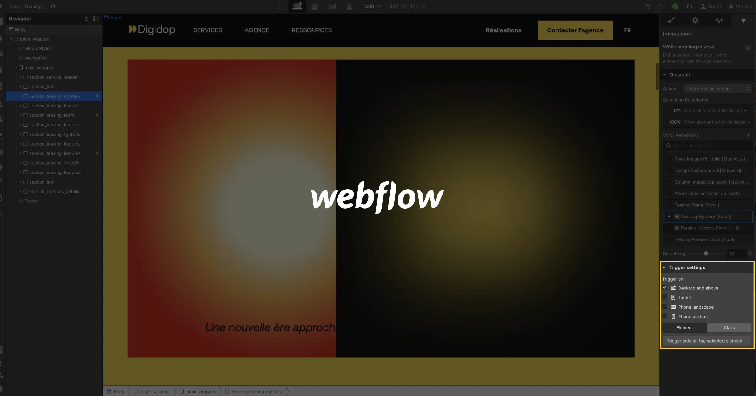 Logo Webflow avec le panneau de gestion des affichages d'animations responsive en arrière plan