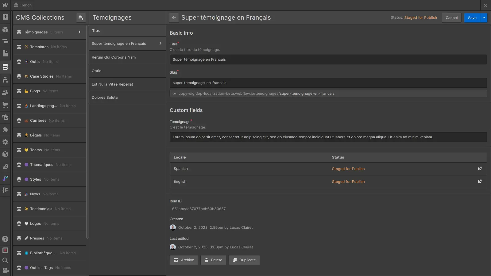 Webflow Localization, langue CMS