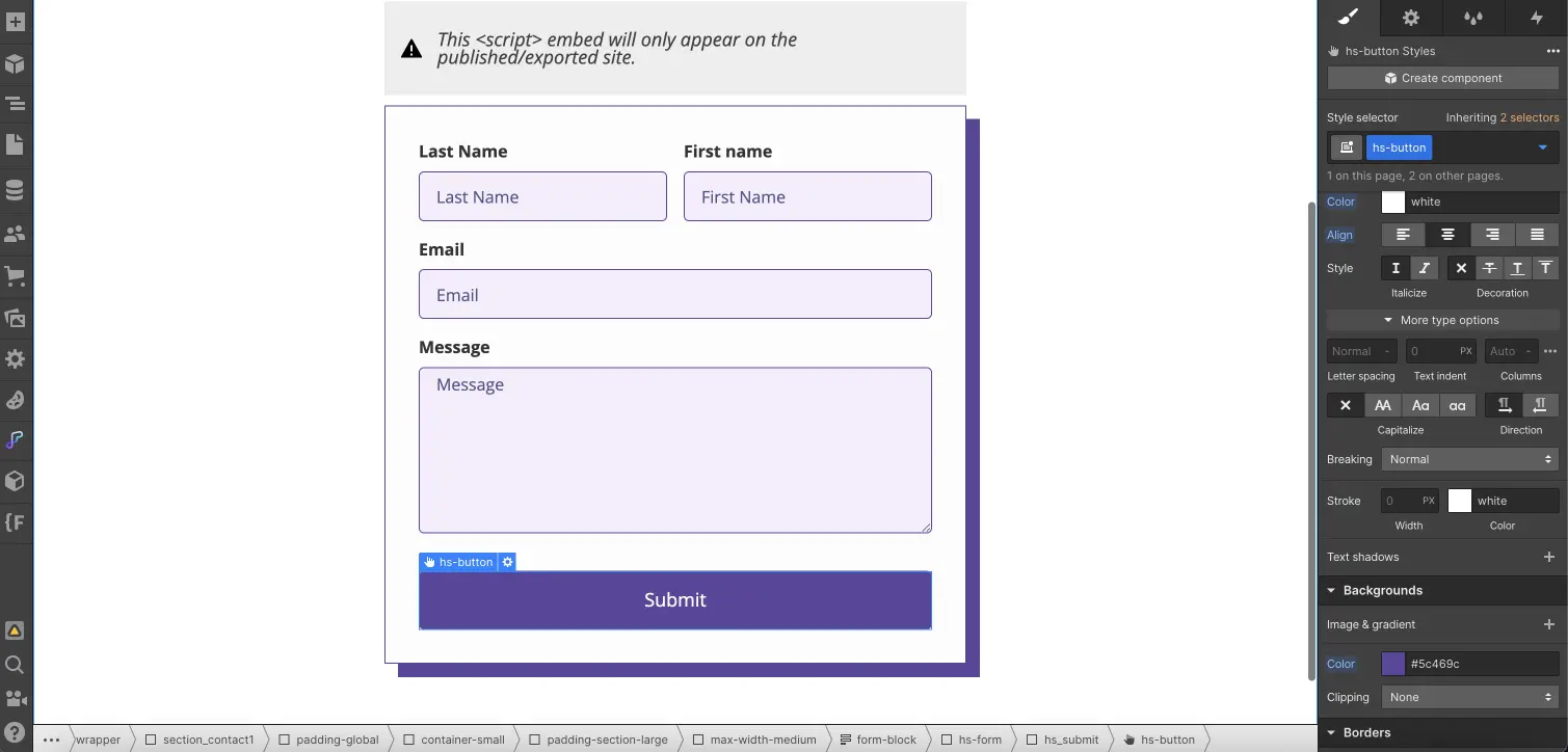 Structure formulaire Hubspot dans Webflow personnalisé