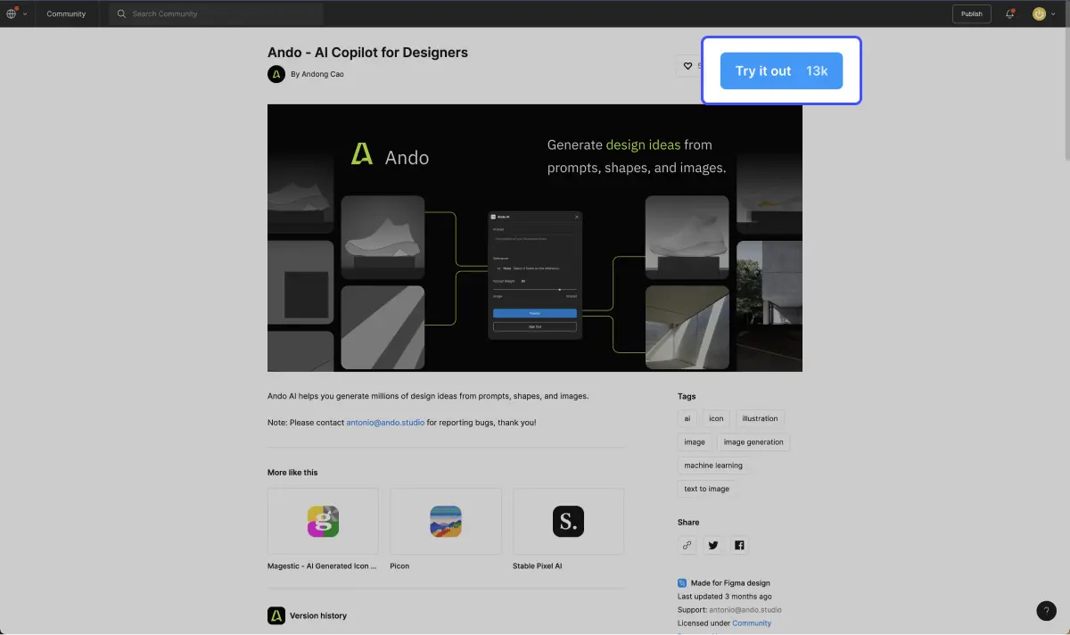 page web du plugin figma ando avec focus sur bouton try it out